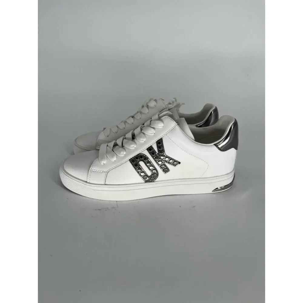 DKNY Abeni Sneakers Logo Detail Lace Up White Silver - Size 8.5M
